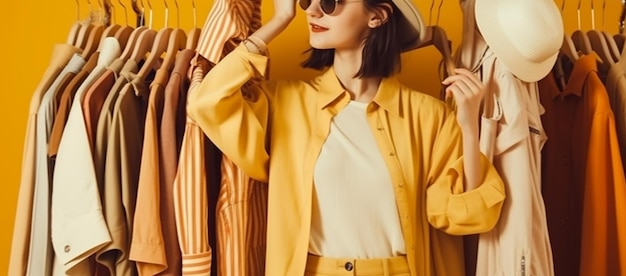 A woman in a yellow shirt stands in front of a hanger and wears a yellow shirtgenerative ai