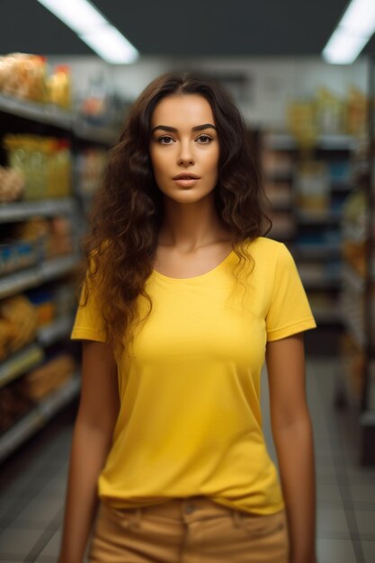 A woman in a yellow shirt stands in a store aisle.