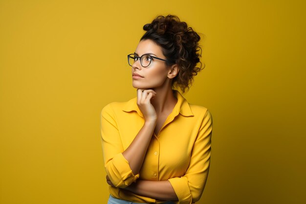 Woman in a yellow shirt thinking