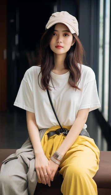 a woman in a yellow skirt sits on a bench.