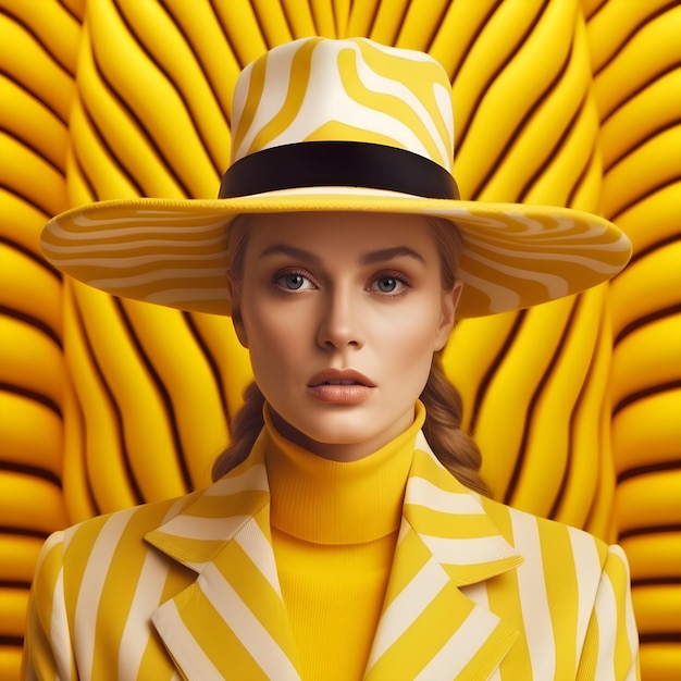 A woman in a yellow striped suit and hat