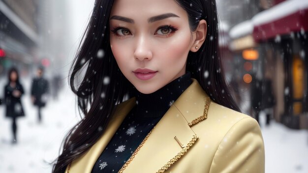 A woman in a yellow suit stands in the snow