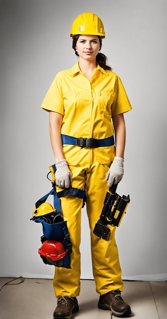 Photo a woman in a yellow suit with a gun in her hand