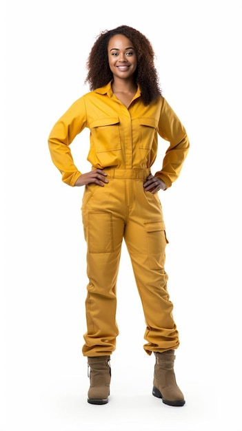 a woman in a yellow suit with her hands on her hips