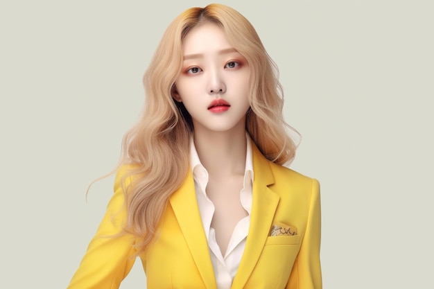 Woman in a yellow suit with a white shirt