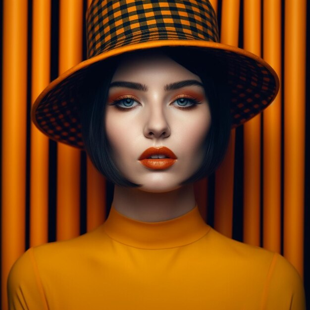 A woman in a yellow sweater and a hat with the word orange on it.