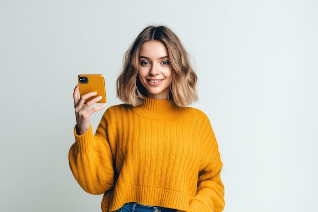 黄色いセーターを着た女性が電話を持って微笑んでいる。