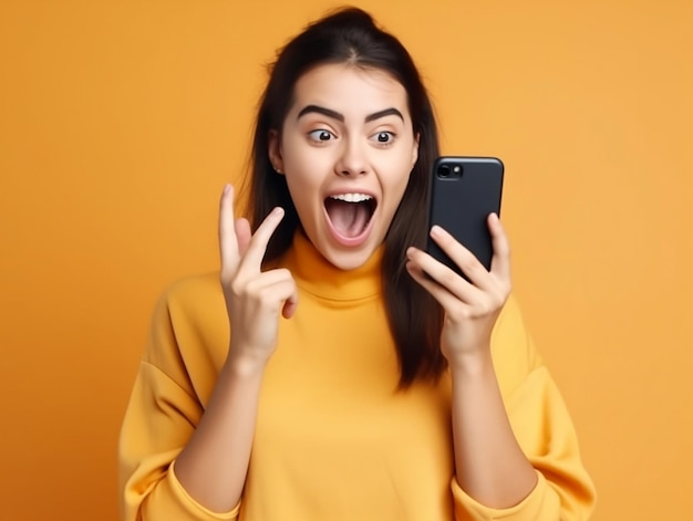 A woman in a yellow sweater is holding a black phone and shows a sign that says'i'm a girl '