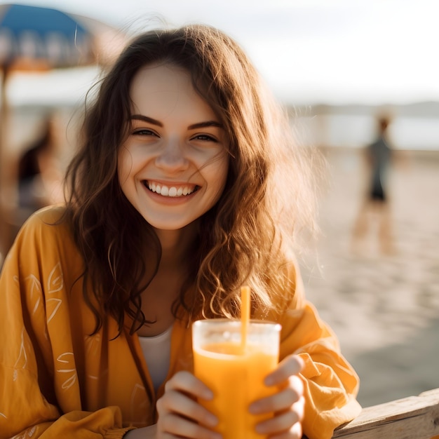 A woman in a yellow sweater is holding a glass of orange juice.