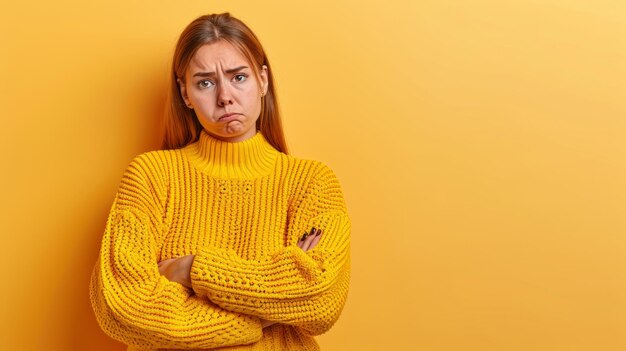 Foto una donna con un maglione giallo in piedi contro uno sfondo giallo