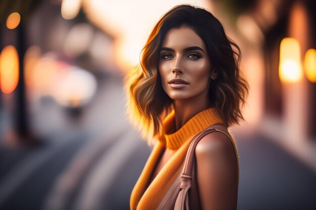 A woman in a yellow sweater stands in the street.