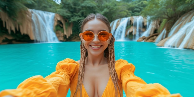 Woman in Yellow Swimsuit Standing in Front of Waterfall