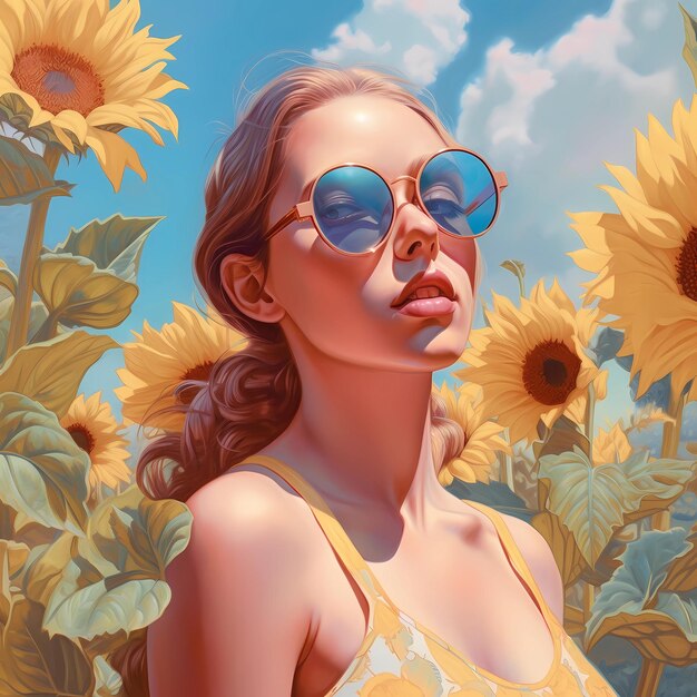 Photo a woman in a yellow tank top and sunglasses stands in a field of sunflowers ai generative