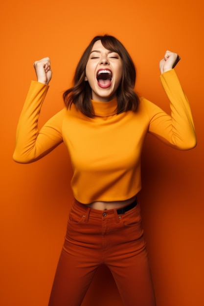 Woman in yellow top is screaming and holding her hands in the air Generative AI