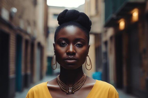 Woman in Yellow Top in Narrow Alleyway