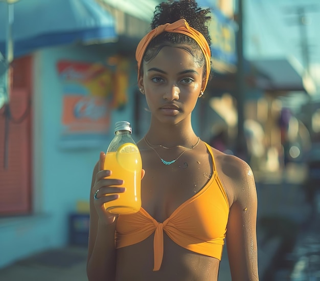 A woman in a yellow top and orange pants is sitting on a wooden bench with a glass of orange juice in her hand