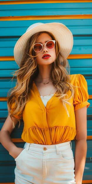 a woman in a yellow top and sunglasses is wearing a hat with a red lipstick
