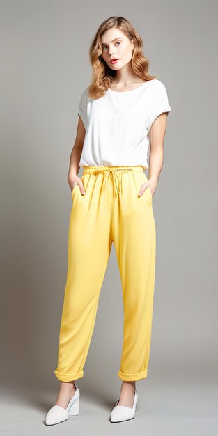 Photo woman in yellow top and white pants