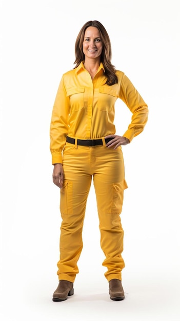 Foto una donna in uniforme giallo che posa per una foto