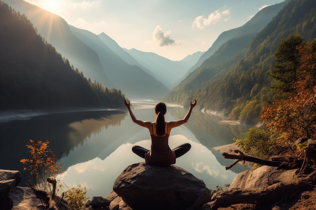 Woman do yoga around nature Generative AI