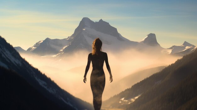 Woman in yoga full body backlit pose in the breath taking alpine generative ai image weber