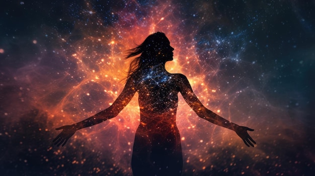 Женщина в йоге Поза с подсветкой всего тела в туманности Галактика Генеративный AI image weber