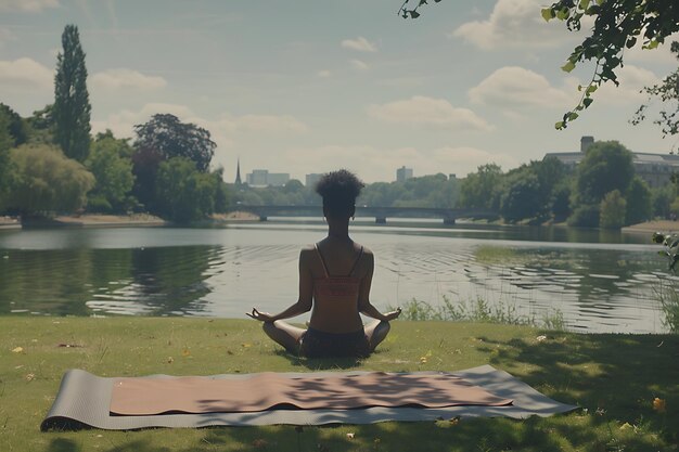 Woman on a yoga mat to relax in the park