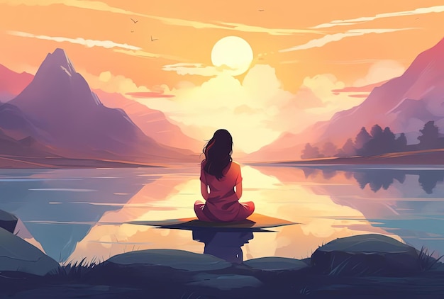 Photo a woman yoga and meditating with the sun setting behind her in the style of flat illustrations