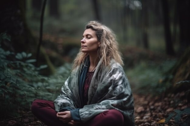 Woman yoga and outdoor training to relax body mind and spirit in nature created with generative ai