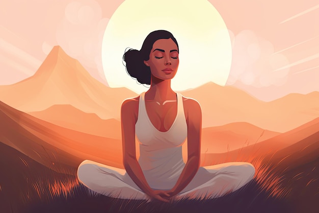 woman yoga outdoors on meadow isolated illustration