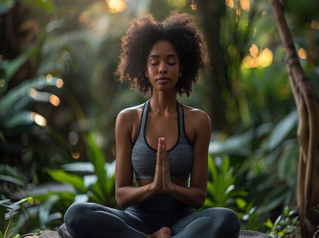 Photo a woman in a yoga pose in a forest with her eyes closed