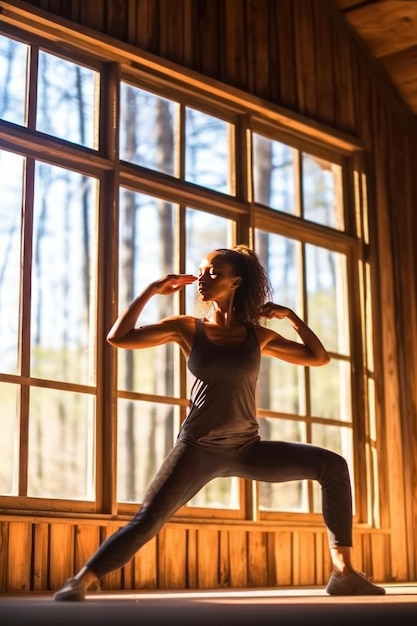 A woman in a yoga pose in front of a window