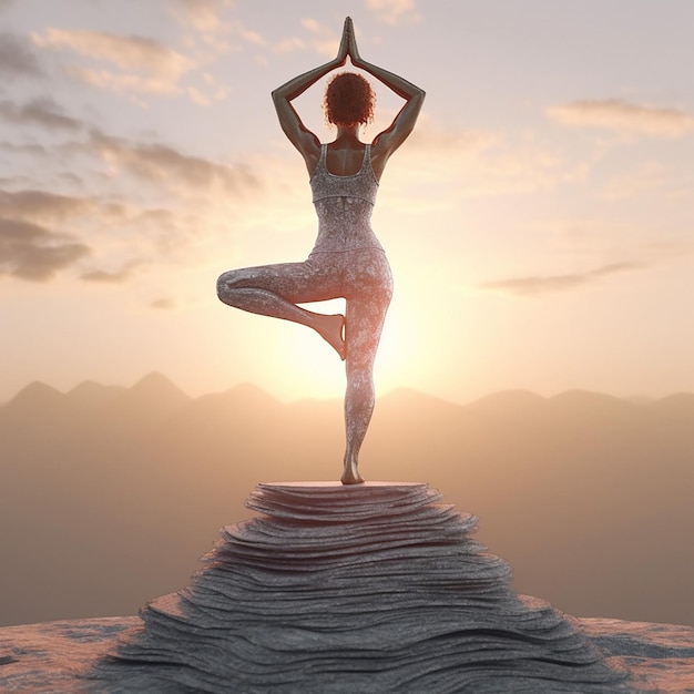 A woman in a yoga pose is doing yoga on a rock.