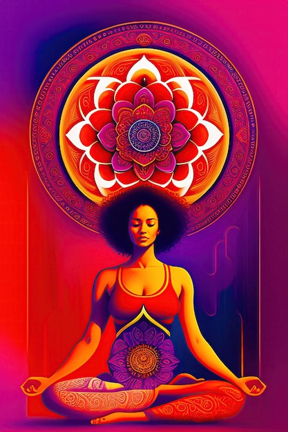 Woman in Yoga Pose Meditation Abstract Illustration Reds and Purples Mandala Symbol Tranquility