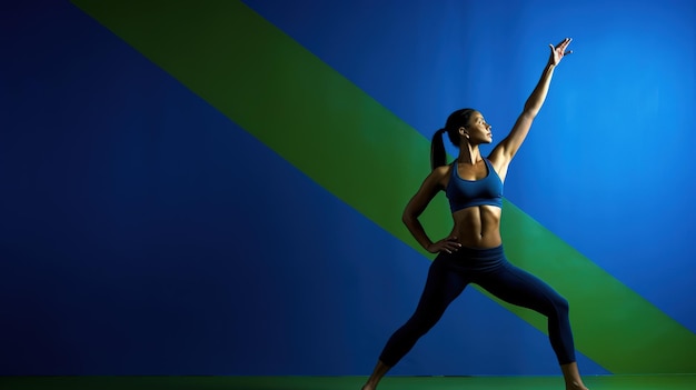 A woman in a yoga pose with a green background