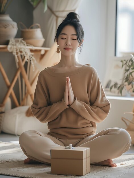 Photo a woman in a yoga pose with her hands in the air