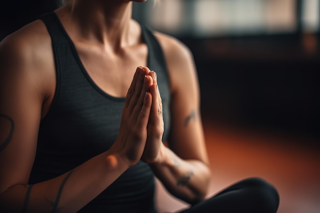 A woman in a yoga pose with her hands together and the word yoga on the front of her.
