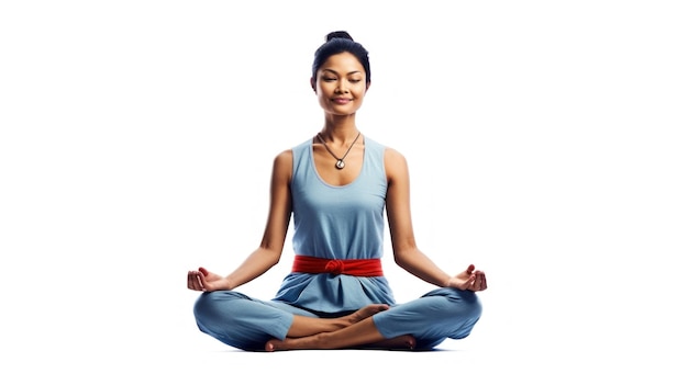 A woman in a yoga pose with a red belt