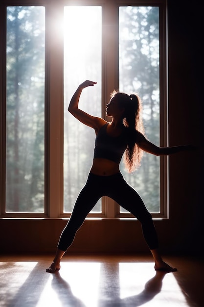 A woman in a yoga pose with the sun shining through the window.