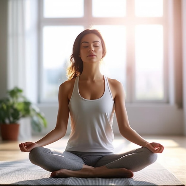 a woman in a yoga pose with a window behind her.