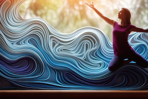 Photo a woman in in yoga position in a purple shirt is surrounded by paper