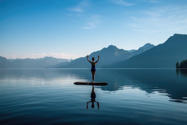 Woman in a yoga practice on water surface Generative AI