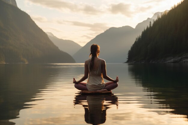 Woman in a yoga practice on water surface Generative AI