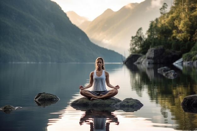 Woman in a yoga practice on water surface Generative AI