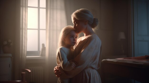 A woman and a young girl are hugging in a dark room.