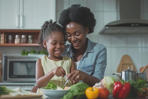 女性と若い女の子が食事の準備をしています