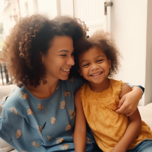 A woman and a young girl sit on a couch, both wearing a blue shirt with yellow flowers on it.