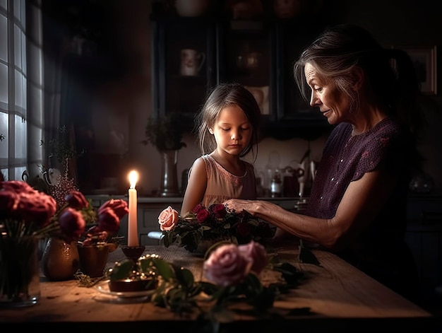 A woman and a young girl sit at a table with flowers.