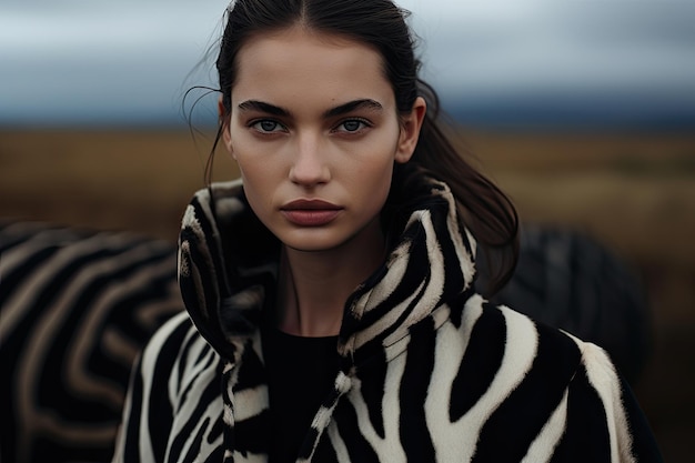 a woman in a zebra print coat