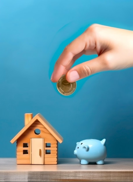 A woman039s hand puts a coin in a piggy bank and a wooden house on a blue background Investment
